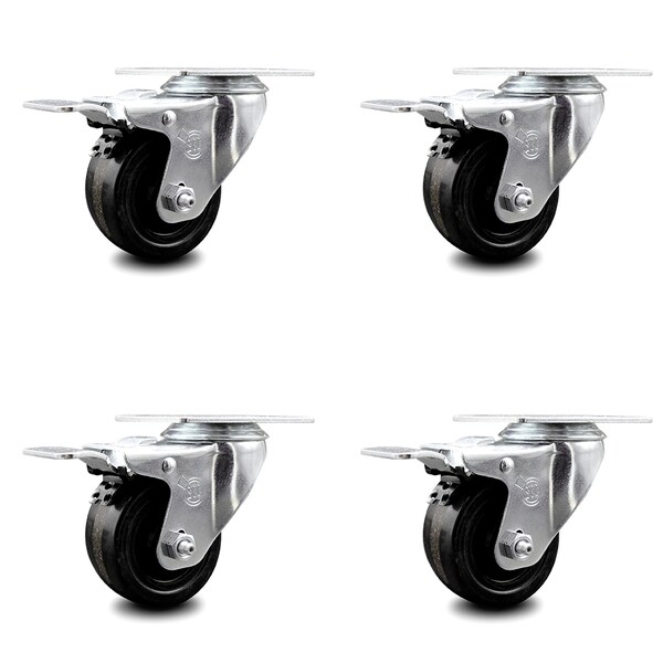 3.5 Inch Phenolic Swivel Top Plate Caster Set with Total Lock Brake SCC